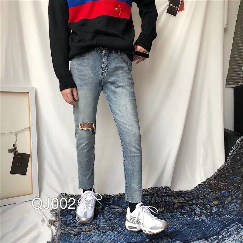QJ002 - QUẦN JEAN XANH BẠC RÁCH 1 BÊN GỐI
