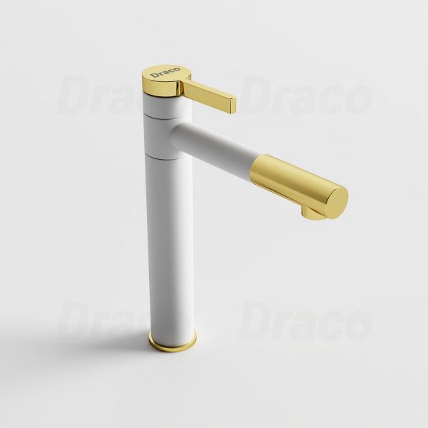 Vòi Lavabo Nóng Lạnh Đồng Thau Ống Tròn Đầu Mạ Vàng Draco F2122 (Cao)