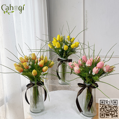 Bình Hoa Giả Cắm Sẵn - Bình Thuỷ Tinh 15 Bông Tulip 30 Cm