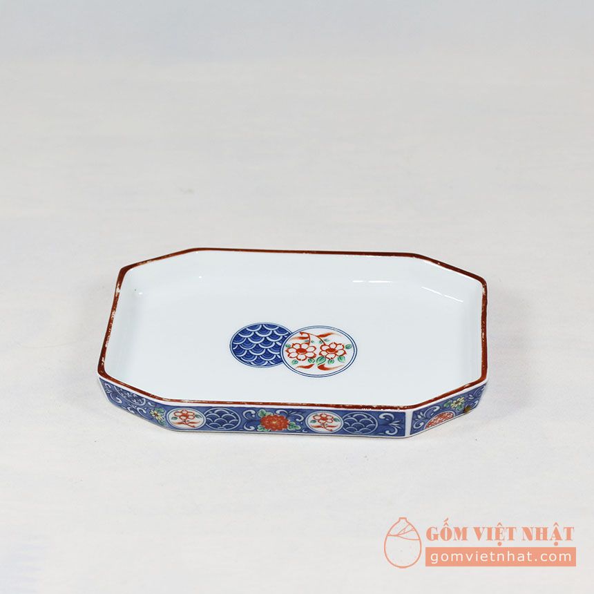 Đĩa vuông cắt góc, ngũ sắc, có triện, 12x7.3x1.2cm, D-0008