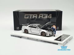 Xe mô hình Nissan GTR R34 Z-Tune Diecast-Openable Hood 1:64 Time Micro (Silver) + Fig