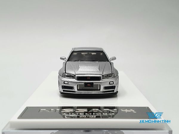 Xe mô hình Nissan GTR R34 Z-Tune Diecast-Openable Hood 1:64 Time Micro (Silver) + Fig