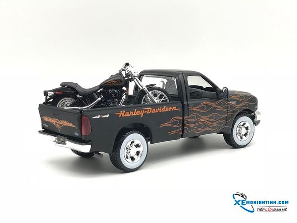 Xe Mô Hình 1999 Ford F350 Pickup/2002 Harley Davidson Night Train 1:24 Maisto ( Đen viền cam )