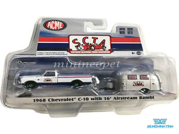 Xe Mô Hình 1968 Chevrolet C-10 With 16' Airstream Bambi 1:64 ACME ( Trắng Xanh )