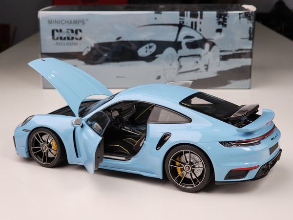 Xe mô hình Porsche 911 (992) Turbo S Coupe Sport Design - 2021 1:18 Minichanmps (Light Blue)