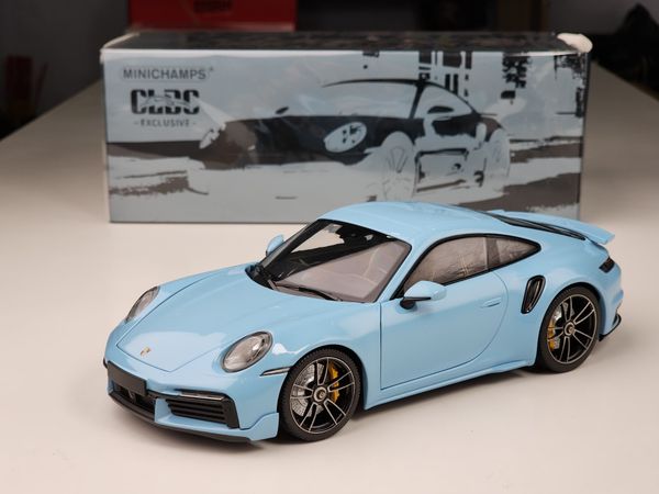 Xe mô hình Porsche 911 (992) Turbo S Coupe Sport Design - 2021 1:18 Minichanmps (Light Blue)