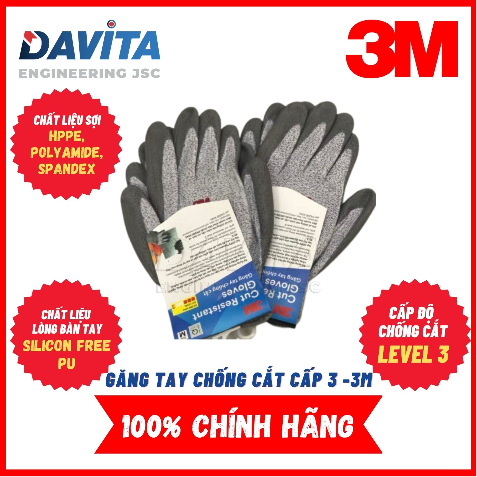 Găng tay chống cắt 3M - [ Cấp độ 3 / Size L ] - Màu Xám Trắng