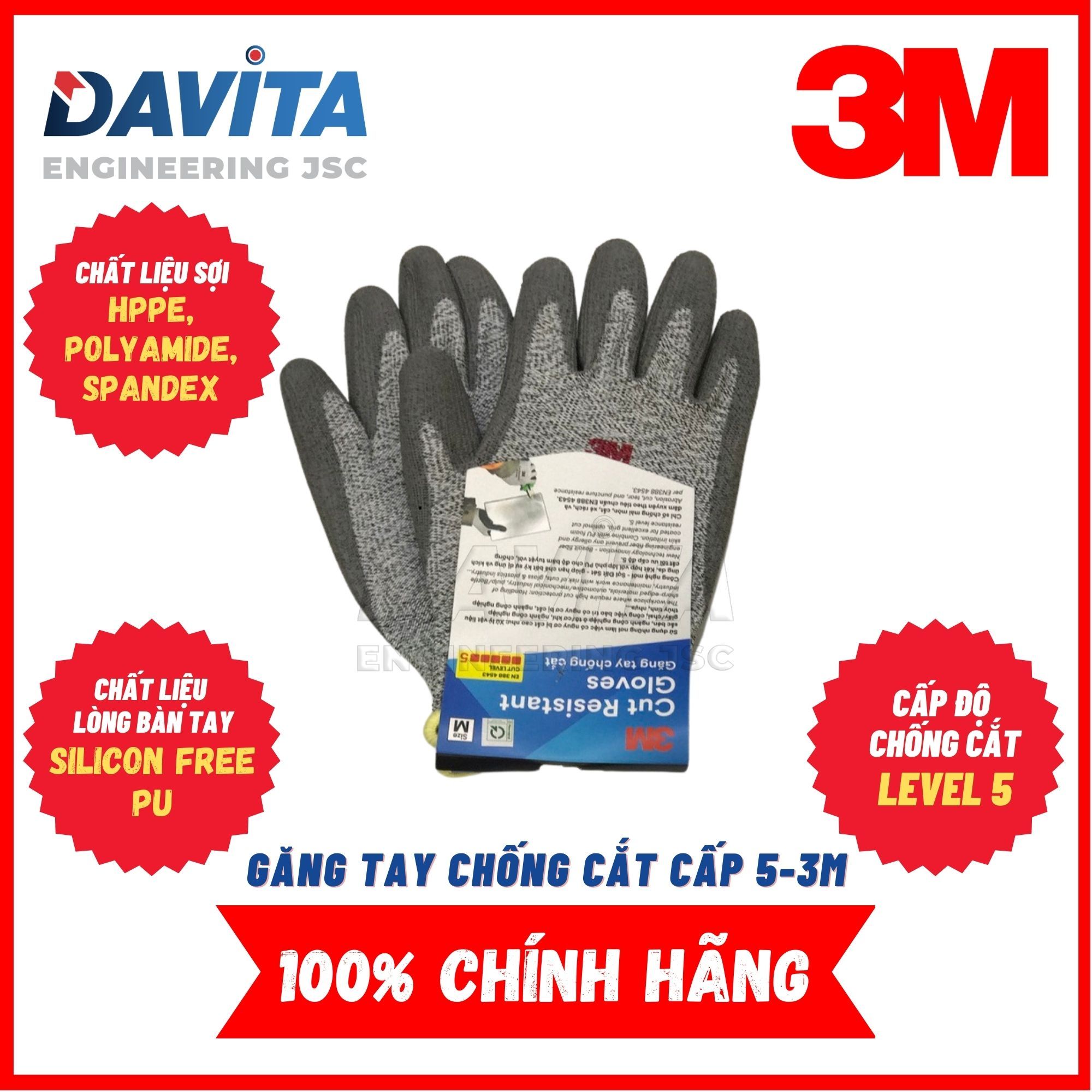 Găng tay chống cắt 3M cấp độ 5 màu xám trắng size L