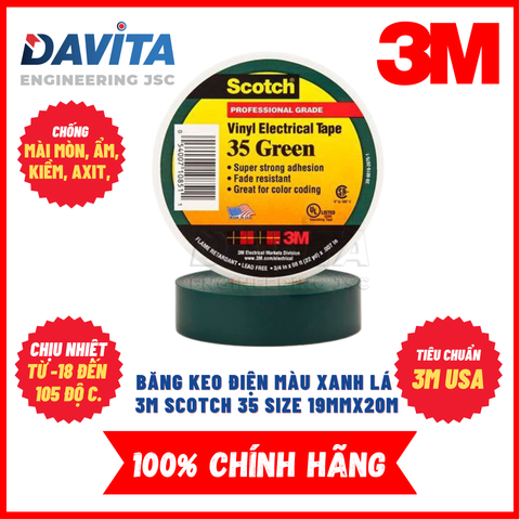 Băng keo điện 3M SCOTCH 35 size 19mm x 20m, màu xanh lá