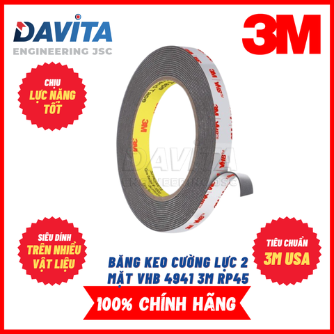 Băng keo cường lực 2 mặt VHB 4941 3M RP45, chịu lực cực tốt, dán cực chắc trên nhiều bề mặt