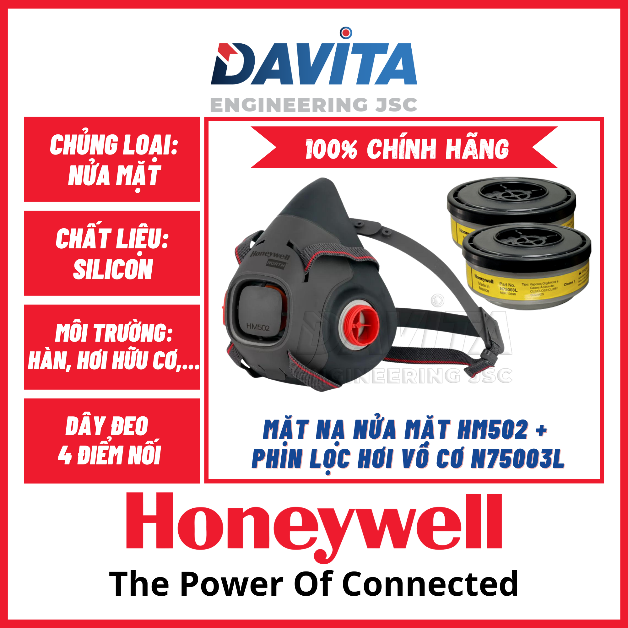 Mặt nạ nửa mặt bảo vệ hô hấp Honeywell HM502 đã bao gồm phin lọc hơi vô cơ N75003L