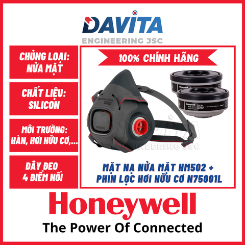 Mặt nạ nửa mặt bảo vệ hô hấp Honeywell HM502 đã bao gồm phin lọc hơi hữu cơ N75001L