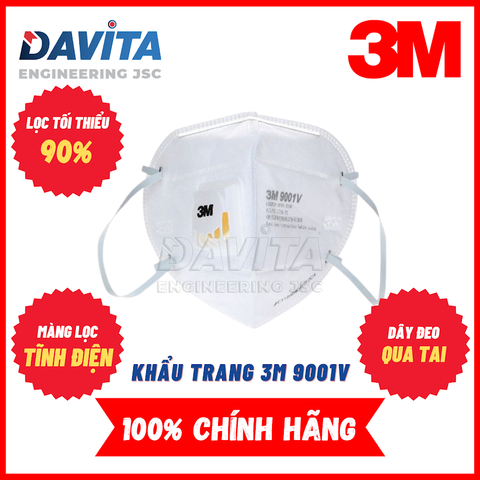 Khẩu trang 9001V 3M, có van thở, hàng chính hãng nguyên tem 3M, lọc bụi tối thiểu 80%