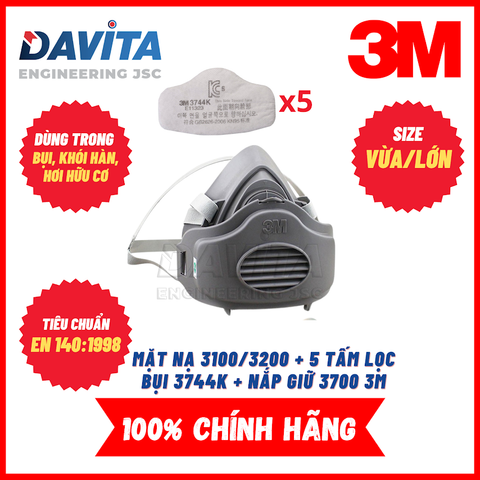 Mặt nạ phòng độc 3100 (size vừa) kèm 5 tấm lọc bụi 3744K và nắp giữ 3700 3M, môi trường bụi và hơi khói hàn