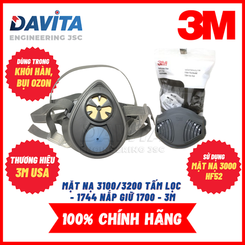 Bộ mặt nạ lọc hơi khói hàn và bụi vô cơ 3100 kèm 10 tấm lọc bụi 1744 và 1 nắp giữ 1700 3M