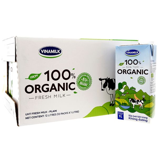  Sữa tươi tiệt trùng Vinamilk 100% Organic không đường thùng 12 hộp x 1lít 