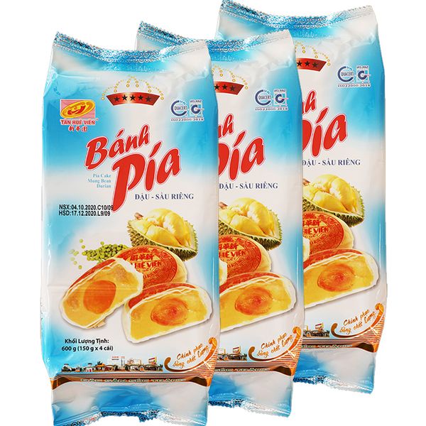  Bánh pía Tân Huê Viên đậu xanh sầu riêng 150g x 4 cái bộ 3 gói x 600g 