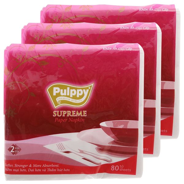  Khăn giấy ăn Pulppy Supreme 2 lớp bộ 3 gói x 80 tờ 