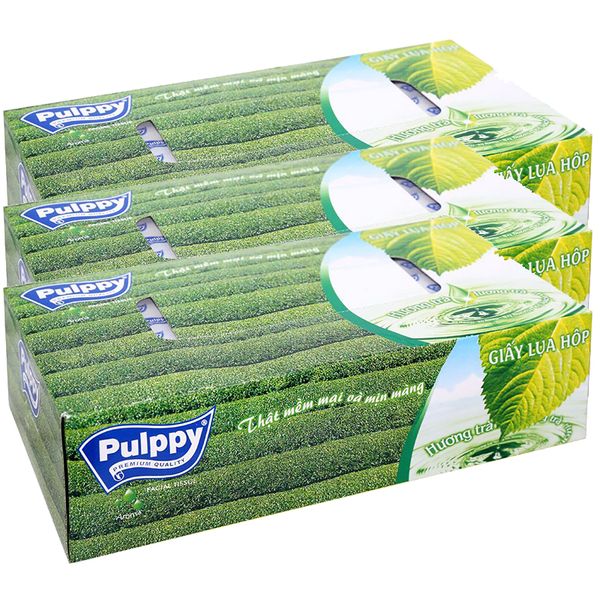  Khăn giấy lụa Pulppy hương trà xanh 2 lớp bộ 3 hộp x 100 tờ 