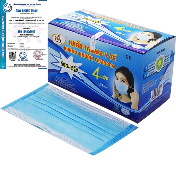  Khẩu trang y tế Famapro sỉ 4 lớp màu xanh hộp 50 cái 