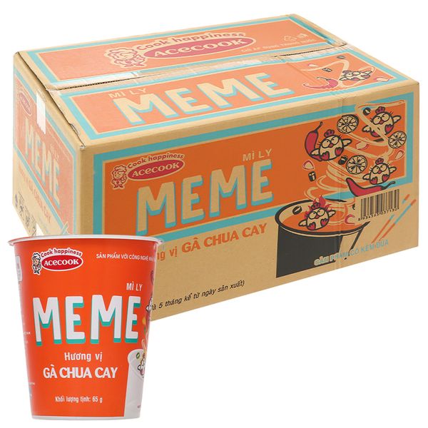  Mì ly Meme gà chua cay thùng 24 ly x 65g 