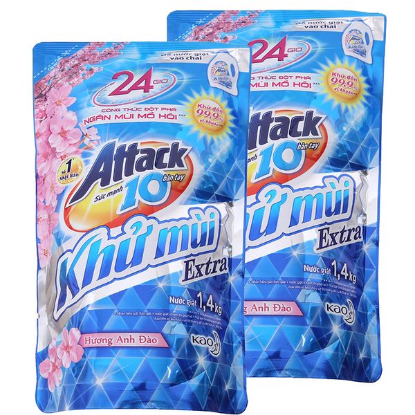  Nước giặt Attack Extra khử mùi hương hoa anh đào bộ 2 túi x 1,4 kg 