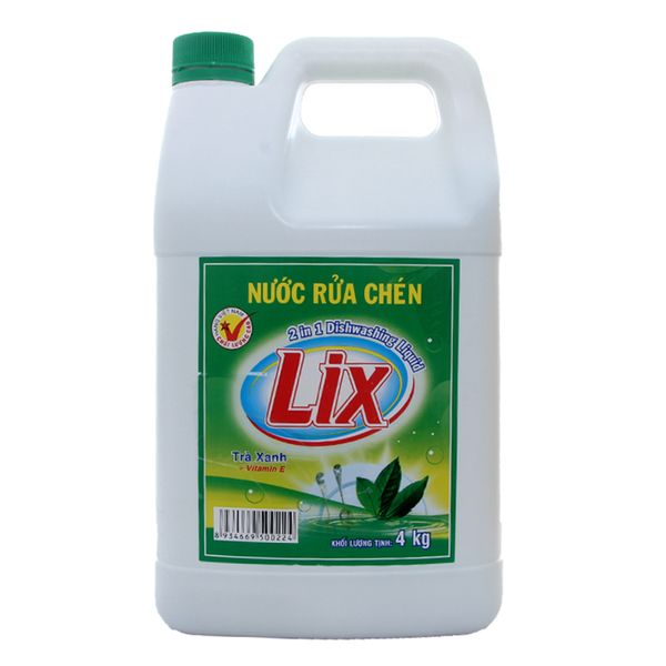  Nước rửa chén Lix Vitamin E bảo vệ da tay hương trà xanh can 4kg 