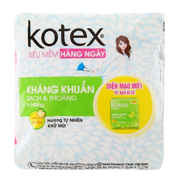  Băng vệ sinh hàng ngày Kotex siêu mềm kháng khuẩn gói 8 miếng 