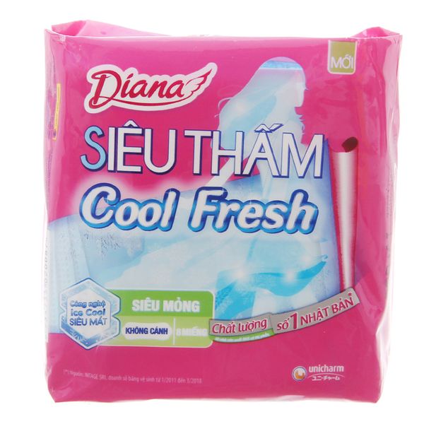  Băng vệ sinh Diana siêu thấm Cool Fresh siêu mỏng không cánh gói 8 miếng 