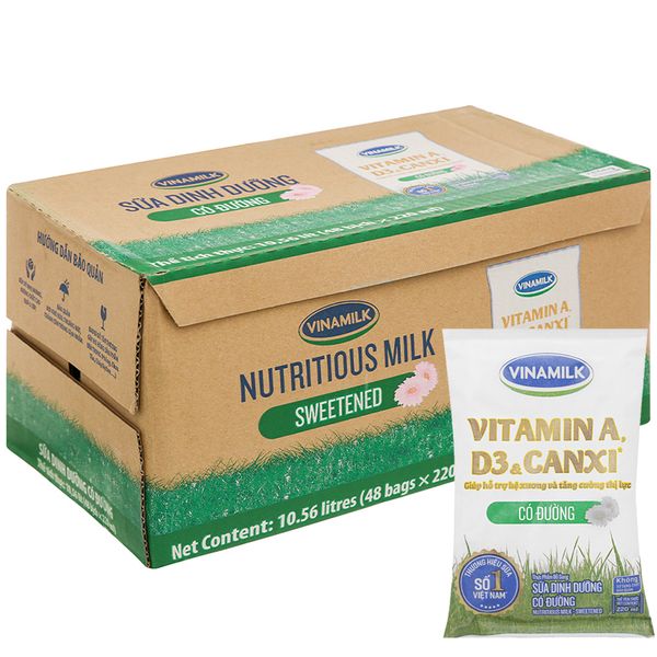  Sữa dinh dưỡng Vinamilk có đường thùng 48 bịch x 220ml 