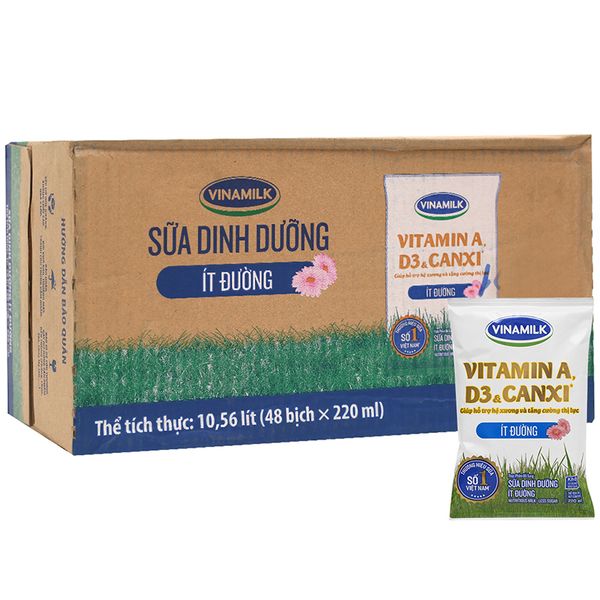  Sữa dinh dưỡng Vinamilk Ít đường thùng 48 bịch x 220ml 