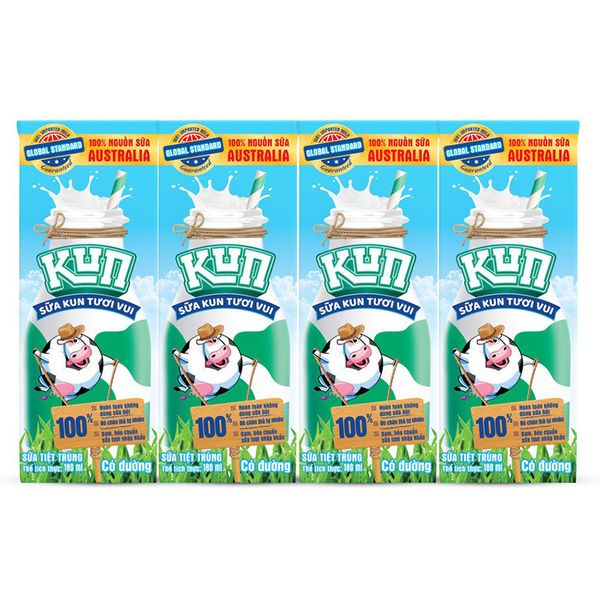  Sữa tiệt trùng Kun có đường lốc 4 hộp x 180 ml 
