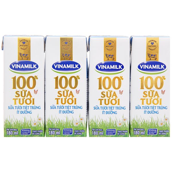  Sữa tươi ít đường Vinamilk 100% sữa tươi lốc 4 hộp x 180ml 