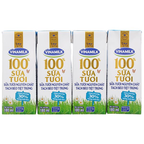  Sữa tươi tách béo không đường Vinamilk 100% sữa tươi lốc 4 hộp x 180ml 