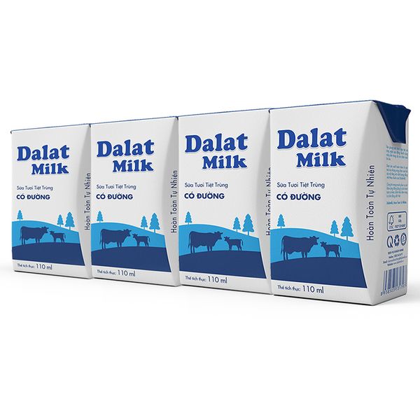  Sữa tươi tiệt trùng Dalat Milk có đường lốc 4 hộp x 110ml 
