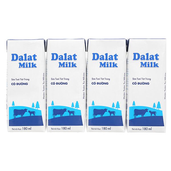  Sữa tươi tiệt trùng Dalat Milk có đường lốc 4 hộp x 180ml 