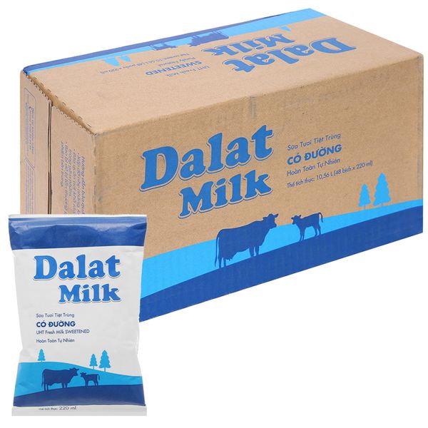  Sữa tươi tiệt trùng Dalat Milk có đường thùng 48 bịch x 220ml 