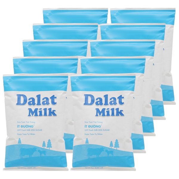  Sữa tươi tiệt trùng Dalat Milk ít đường bộ 10 bịch x 220ml 