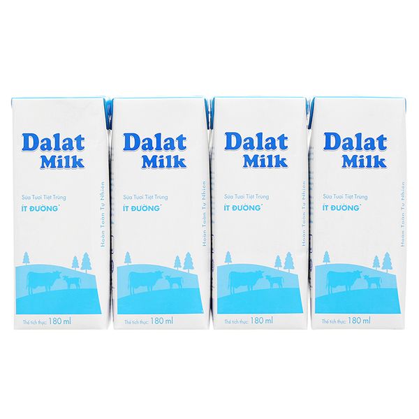  Sữa tươi tiệt trùng Dalat Milk ít đường lốc 4 hộp x 180ml 