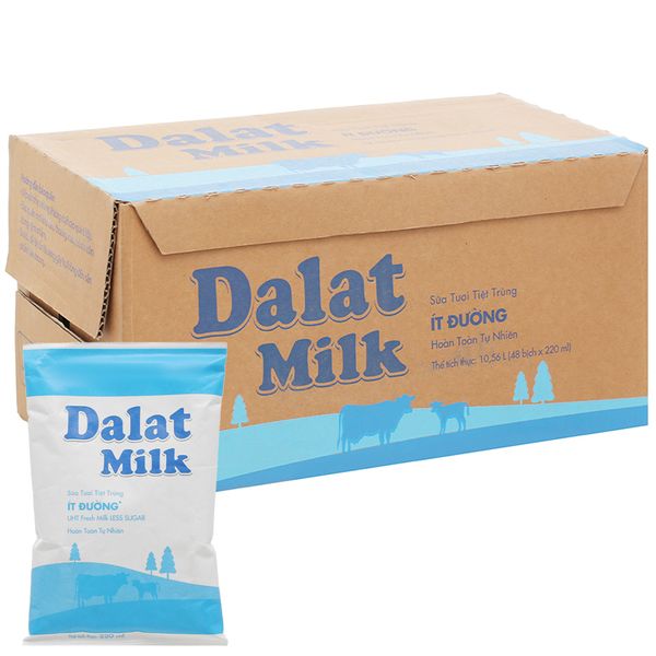  Sữa tươi tiệt trùng Dalat Milk ít đường thùng 48 bịch x 220ml 