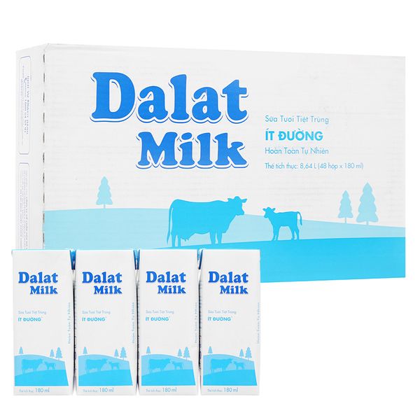  Sữa tươi tiệt trùng Dalat Milk ít đường thùng 48 hộp x 180ml 