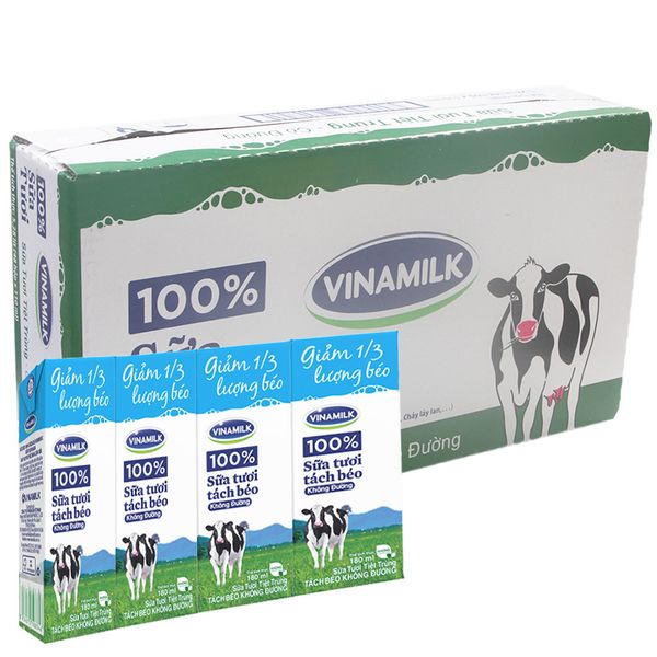  Sữa tươi tiệt trùng tách béo Vinamilk không đường thùng 48 hộp x 180ml 