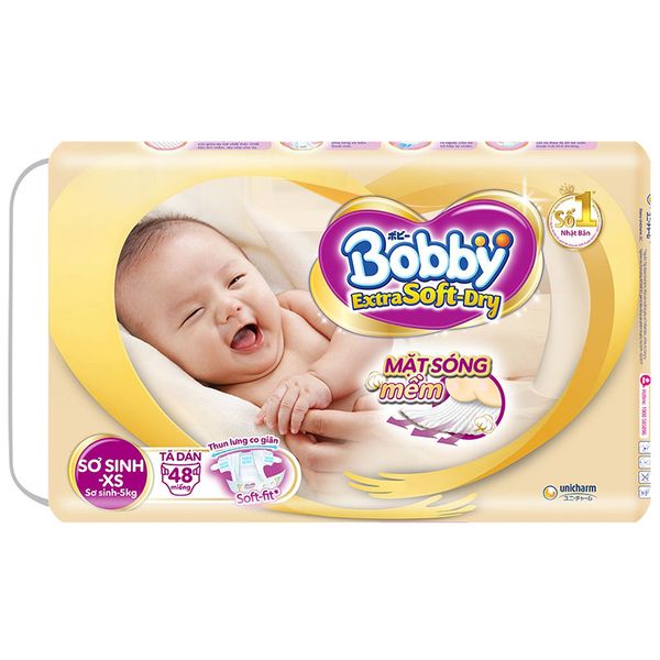  Tã dán Bobby cao cấp Extra Soft Dry NewBorn  size XS dưới 5kg 48 miếng 