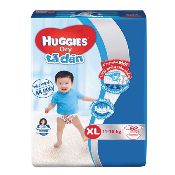  Tã dán Huggies Dry Jumbo size XL từ  11 - 16 kg gói 62 miếng 