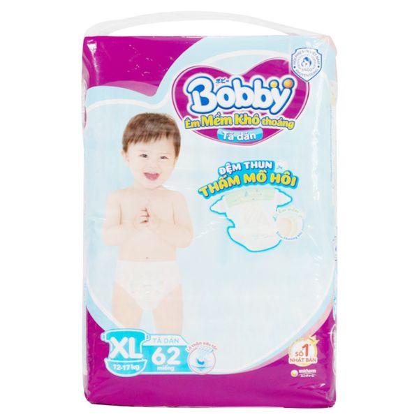  Tã dán Bobby Fresh size XL dành cho bé 12 - 17kg gói 62 miếng 