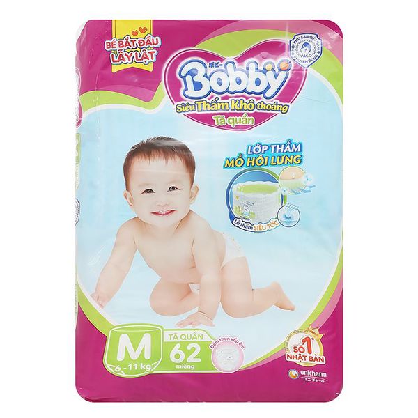  Tã quần Bobby size M dành cho bé 6 - 11kg gói 62 cái 