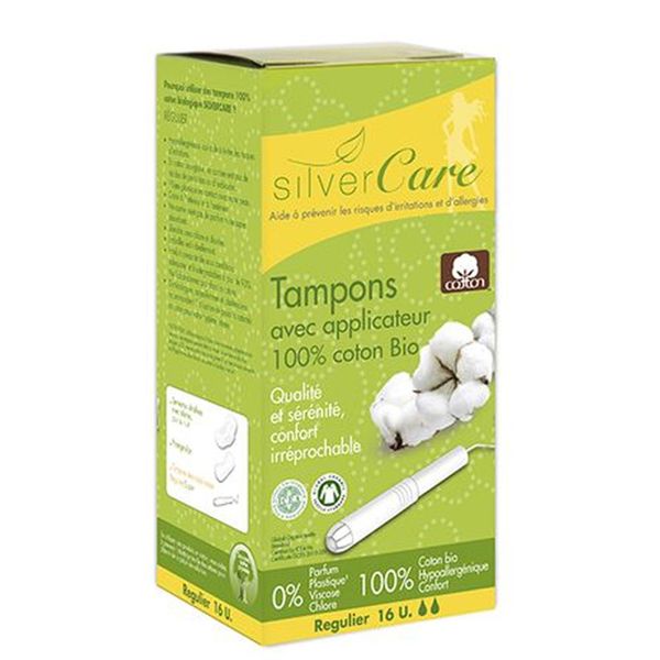  Tampon hữu cơ 2 giọt có cần đẩy Silvercare Regular hộp 16 miếng 