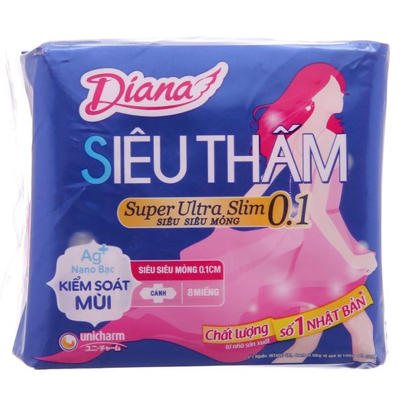  Băng vệ sinh Diana siêu thấm siêu siêu mỏng 0.1cm có cánh gói 8 miếng 