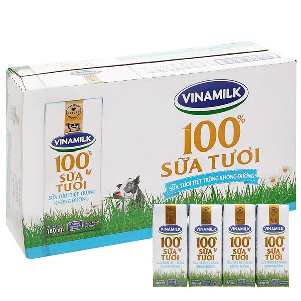  Sữa tươi tiệt trùng không đường Vinamilk 100% sữa tươi thùng 48 hộp x 180ml 