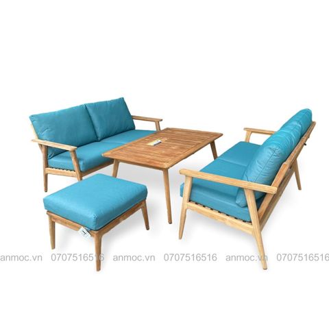 BỘ BÀN 2 SOFA ĐÔI VÀ ĐÔN GỖ TEAK NGOÀI TRỜI